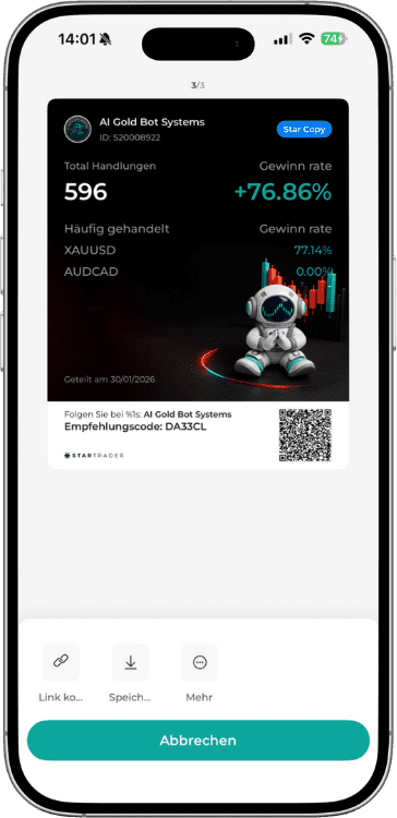 AI Gold Bot Systems Empfehlungscode und Statistik in der StarTrader App.