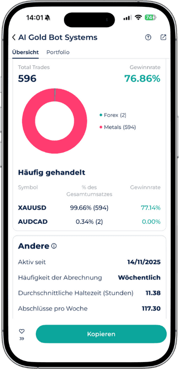 AI Gold Bot Systems Portfolio-Statistik mit 76,86 Prozent Gewinnrate und Fokus auf Gold Trading in der StarTrader App.