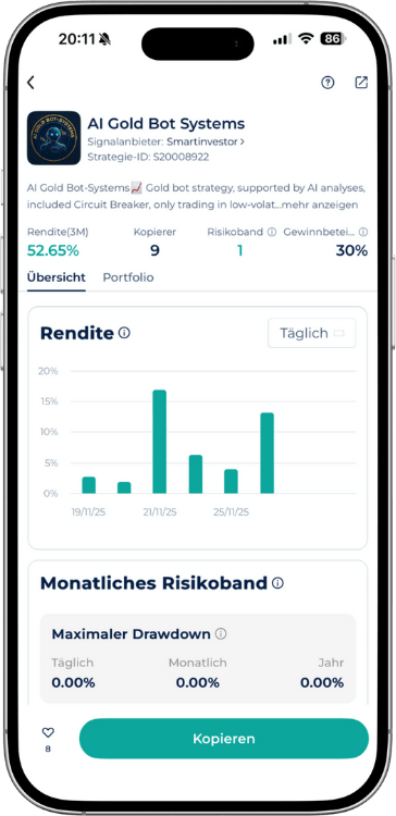 Rendite und Risikoband Übersicht des Trading Bot AI Gold Bot Systems in der Startrader App.