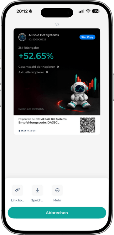 Trading Bot Statistik des AI Gold Bot Systems in der Startrader App.