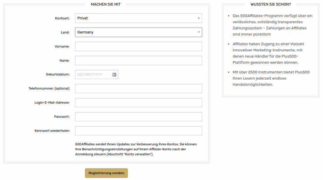 Anmeldemaske für das Partnerprogramm