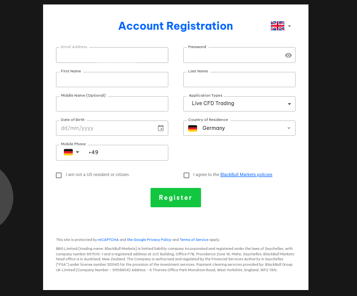 Anmeldemaske für ein echtes Konto bei BlackBull Markets