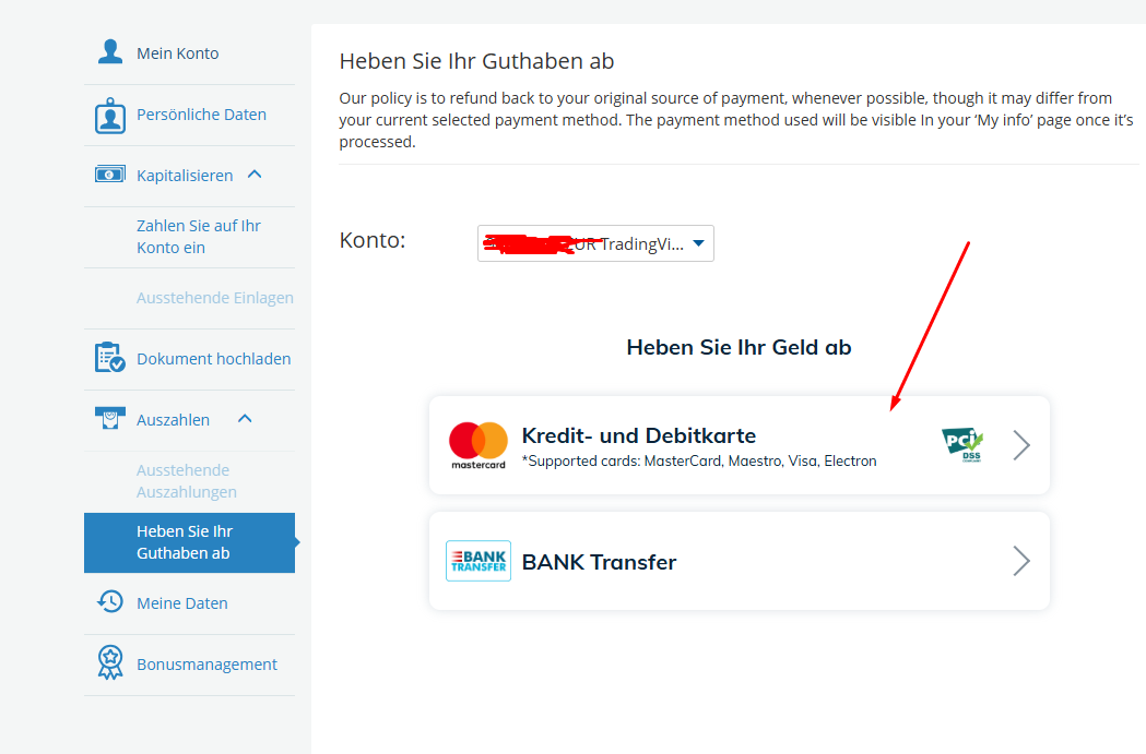 Auszahlung bei AvaFutures