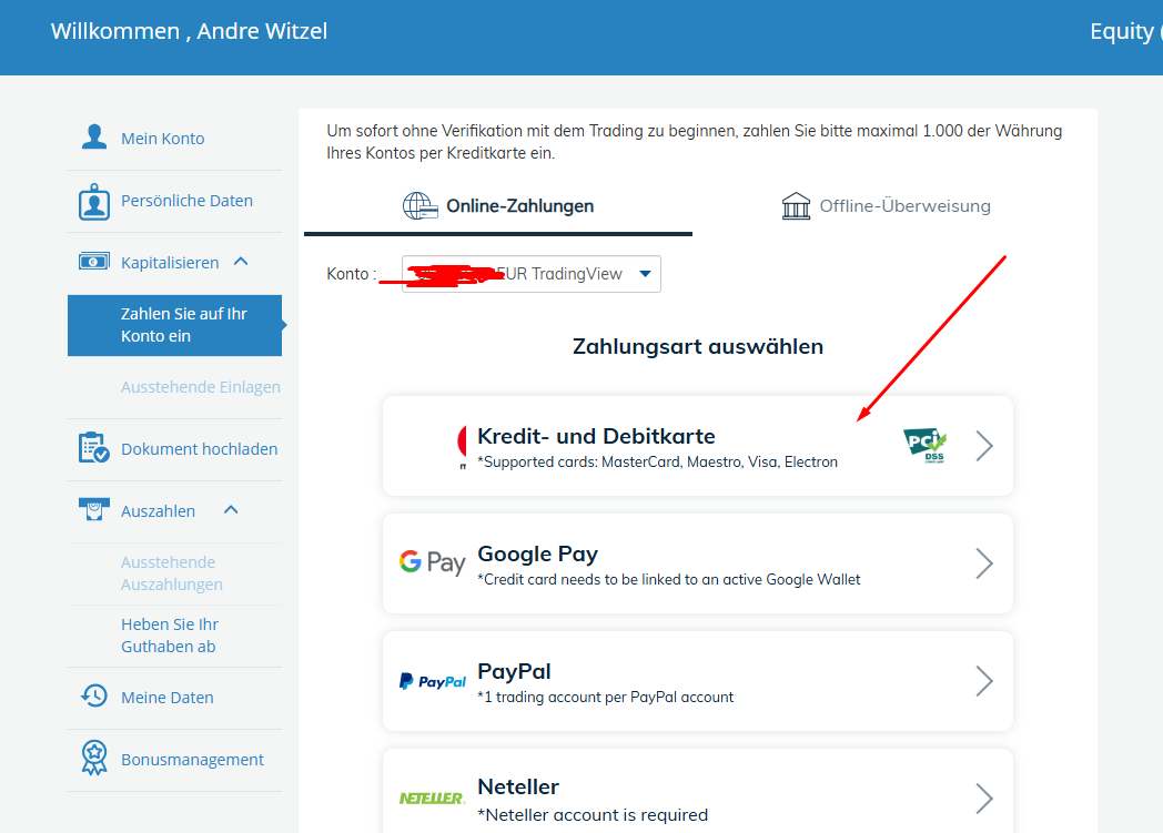 Einzahlung bei AvaFutures und Zahlungsmethoden