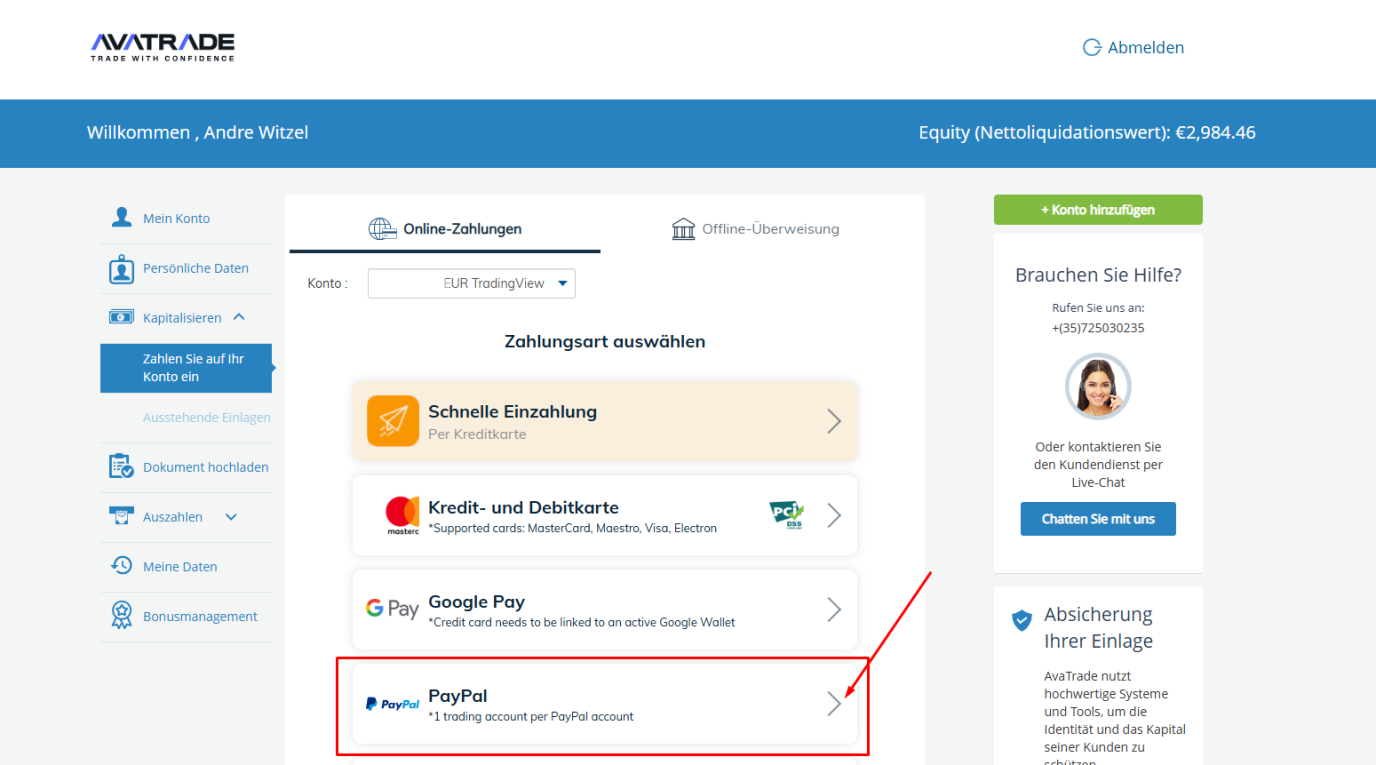 AvaTrade bietet PayPal als Zahlmethode