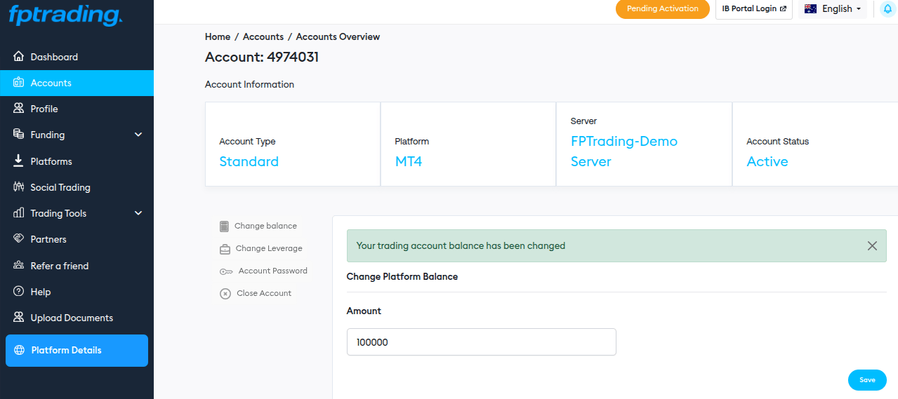 Guthaben für FP Trading Demo wählen