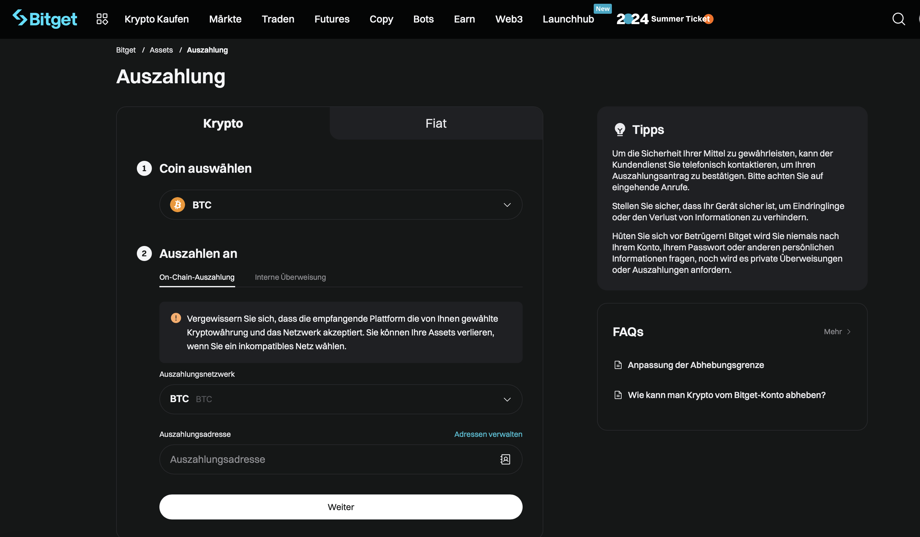 Bitcoin Auszahlung bei der Krypto Börse Bitget