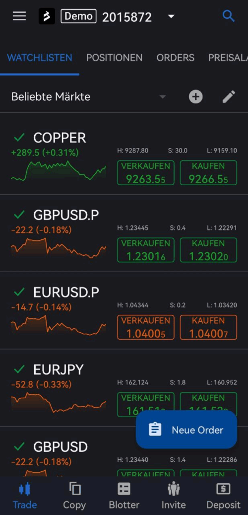 Dashboard und Portfolio in der BlackBull Markets App