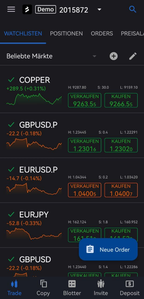 Übersicht zu Assets in der App von Black Bull Markets