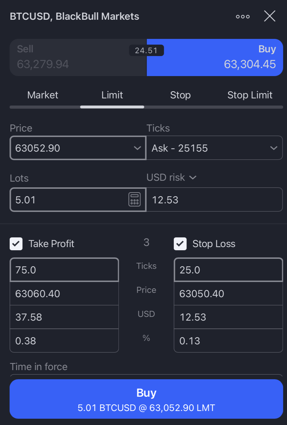 Bitcoin CFD Trade eröffnen (Ordermaske)