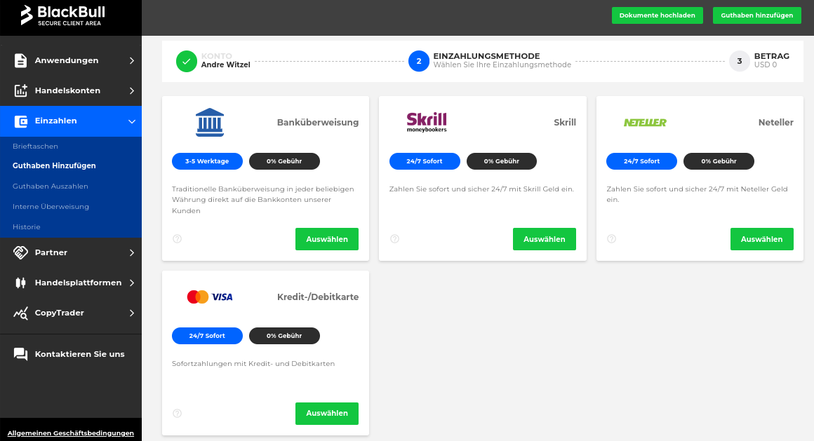 Zahlungsmethoden und Geldeinzahlen in die Trading Software