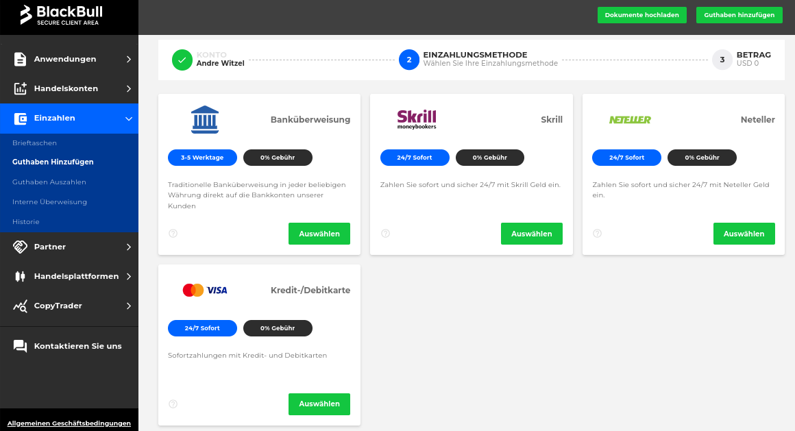 Einzahlungsmethoden bei BlackBull Markets
