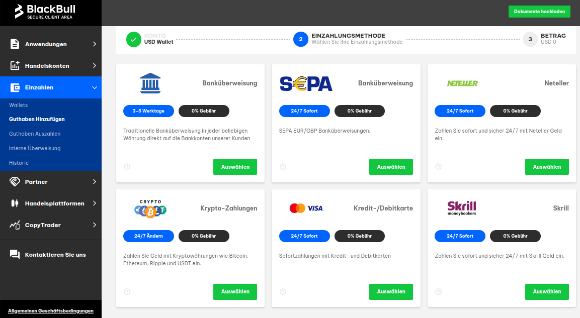 Auswahl an Zahlungsmethoden bei BlackBull Markets