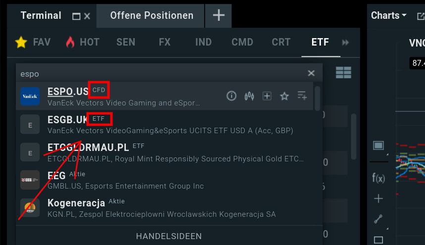 Bei XTB werden ETF und CFD Positionen kleingedruckt angezeigt