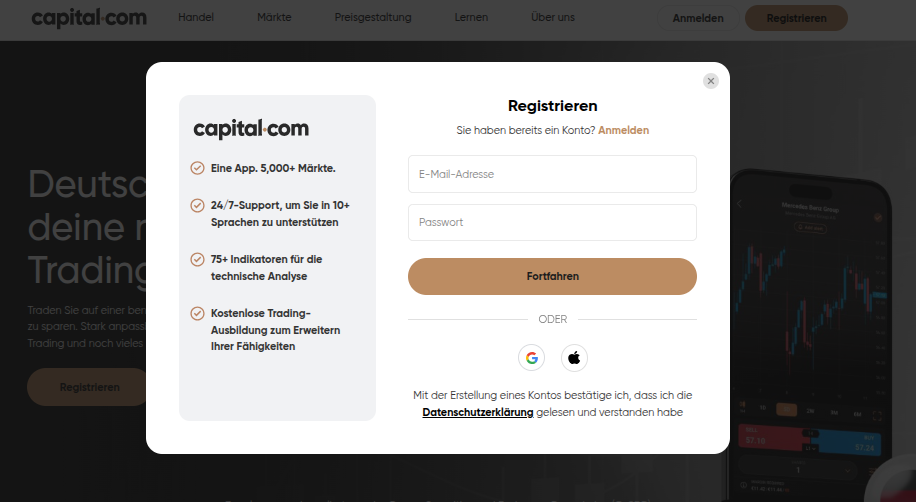 Konto Eröffnung (Maske) bei Capital.com