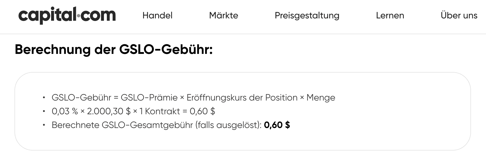 Beispiel für eine garantierte Stop-Loss-Order mit Formel zur Berechnung der GSLO-Gebühr bei Capital.com