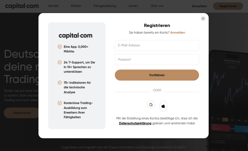 Anmeldemaske bei Capital.com