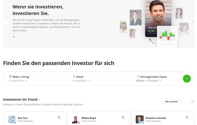 Copy Trading Optionen bei der Plattform eToro