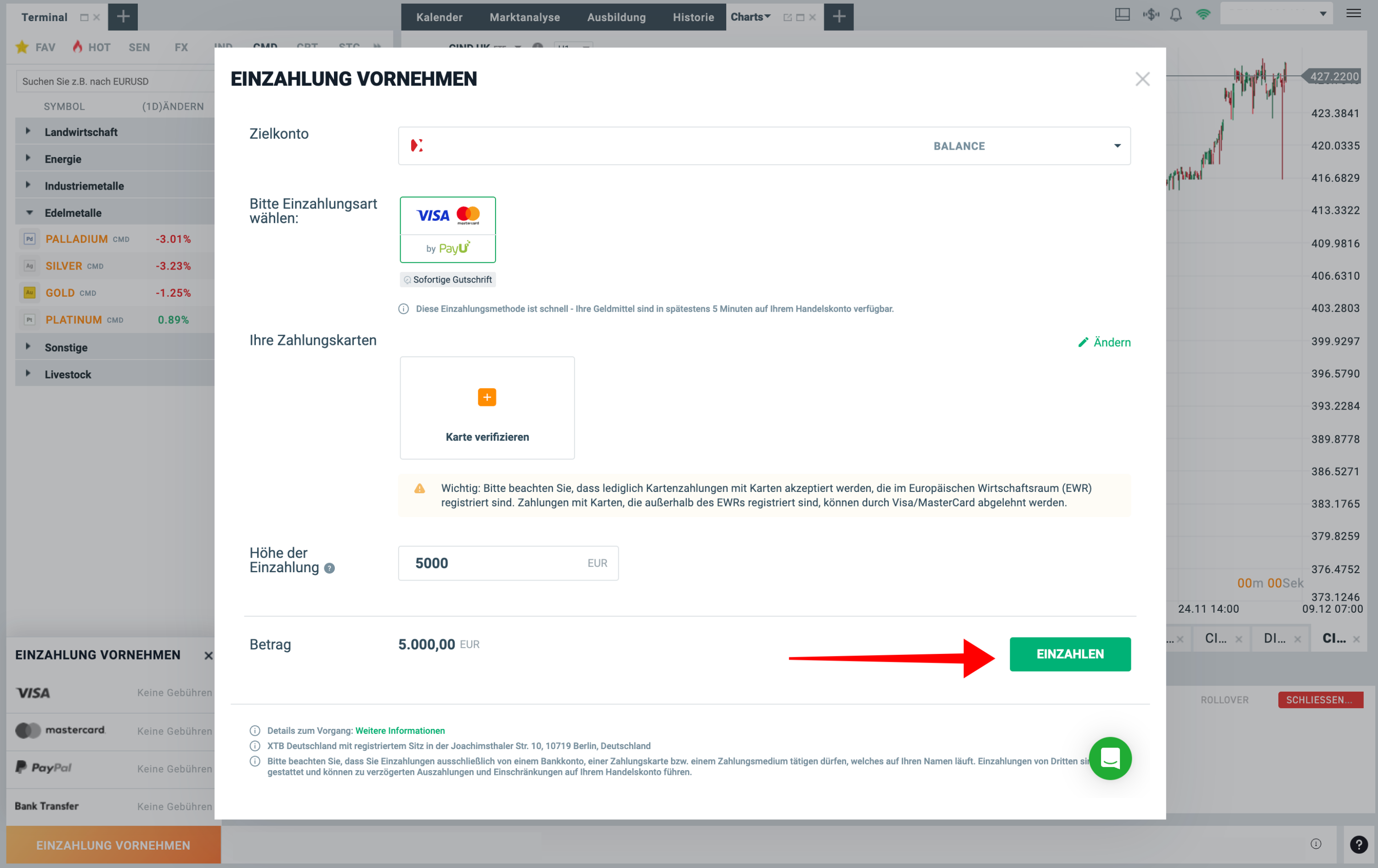 Einzahlen bei XTB mit Kreditkarte