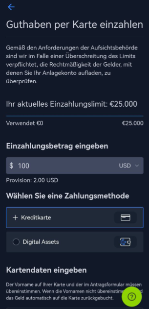 Einzahlungsmaske in der Freedom24 App