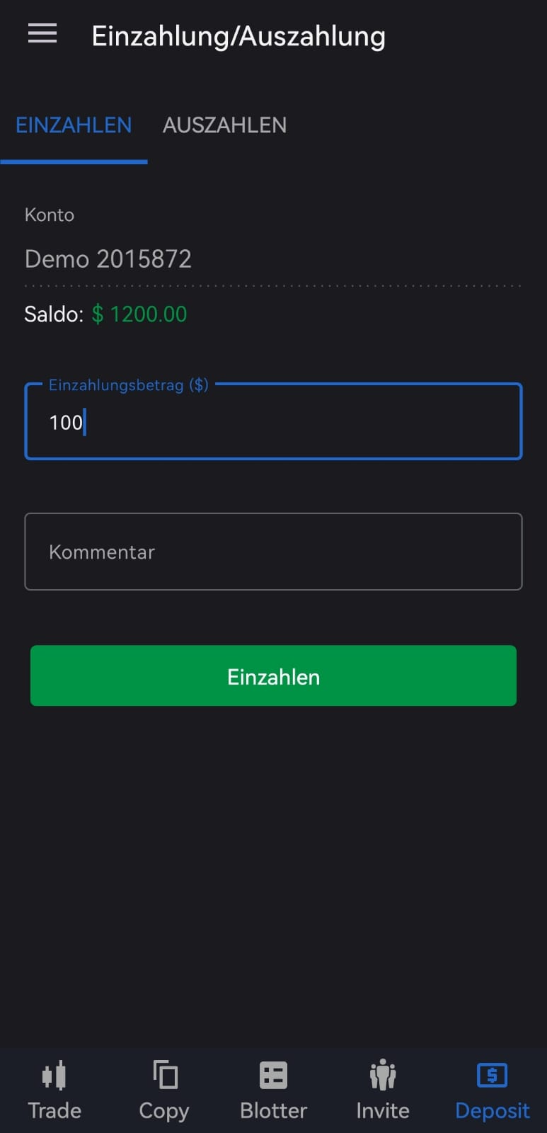 Geld einzahlen in der App von BlackBull Markets