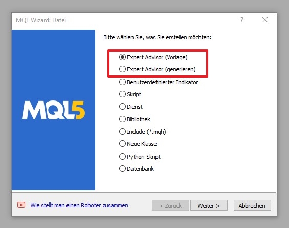 Expert Advisor erstellen mit MQL