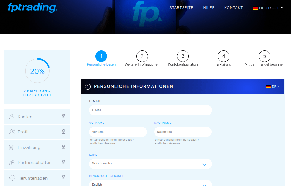 Anmeldemaske für Leerverkaufs Konto bei FP Trading