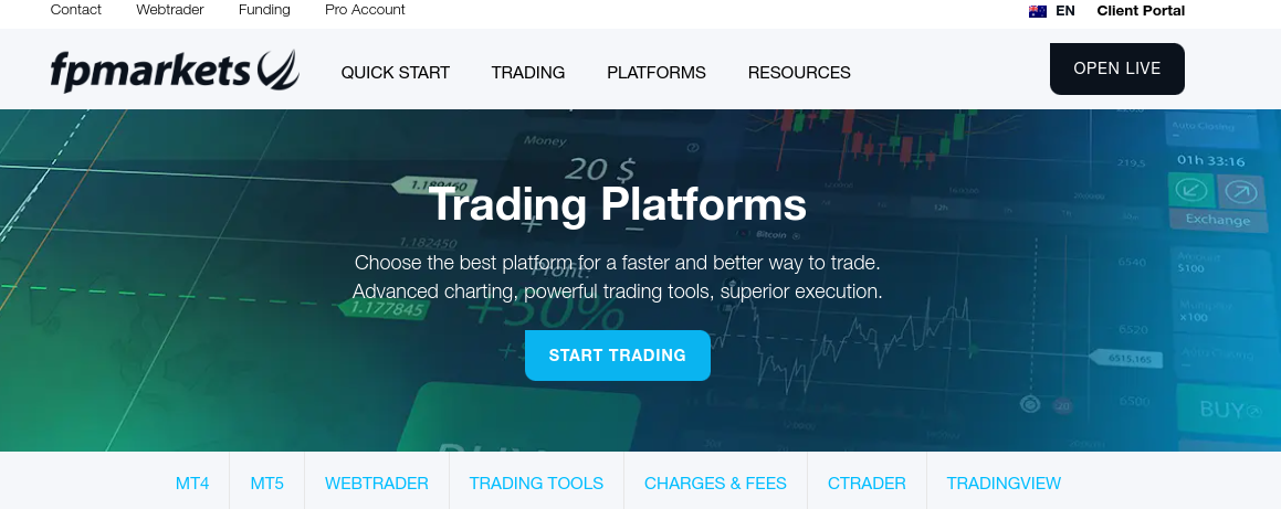 FP Markets Webseite mit verfügbaren Trading Software