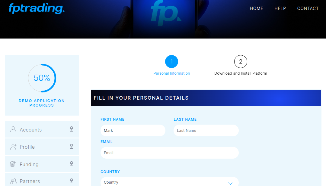 FP Trading Anmeldemaske