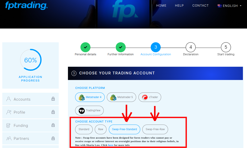 Auswahl der Kontoarten bei FP trading
