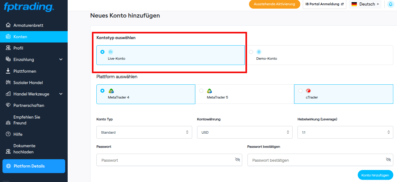 Live Konto Einrichtung bei FP Trading