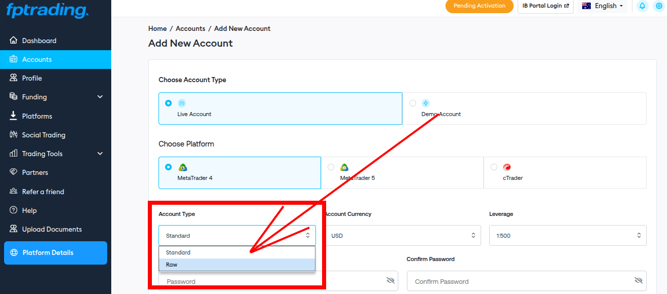 Einstellung für Eröffnung eines Raw Accounts bei FP Trading