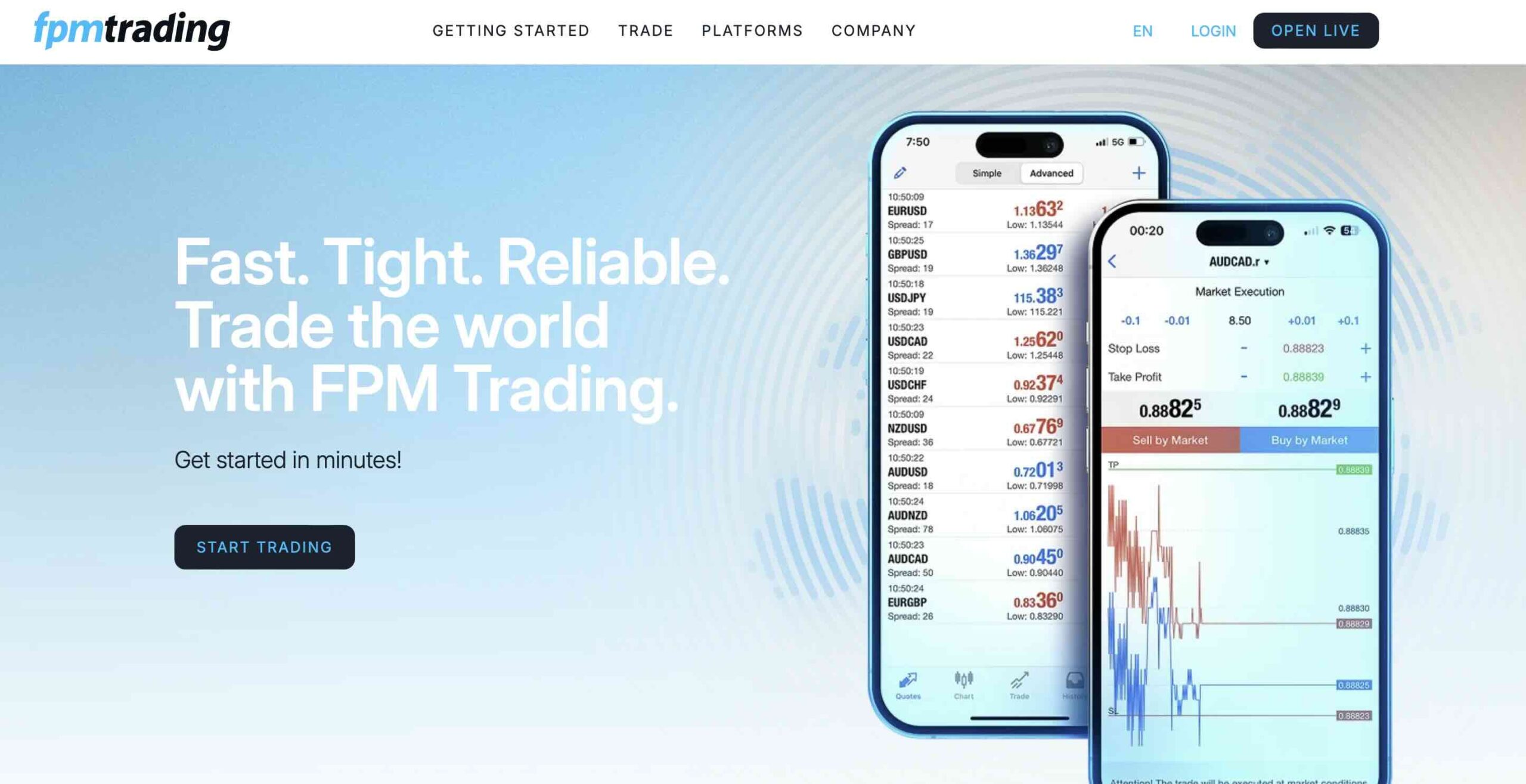 Titelbild der Webseite FPM Trading mit Abbildung eines Smartphones und Claim des Brokers