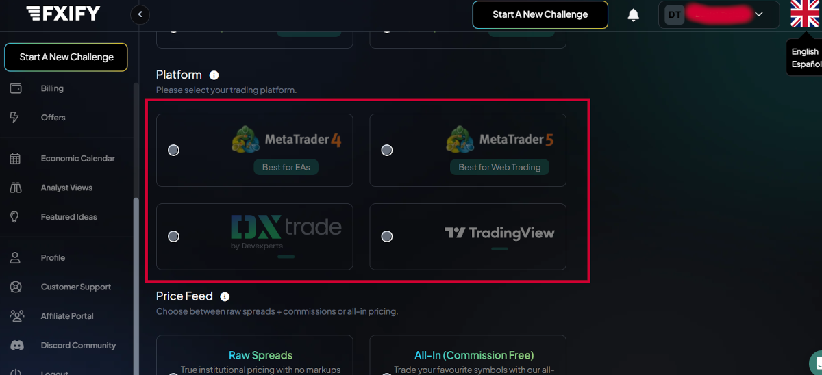 FXIFY Bestellmenü mit Auswahl von Handelsplattformen (MT4, MT5, DXTrade & TradingView)
