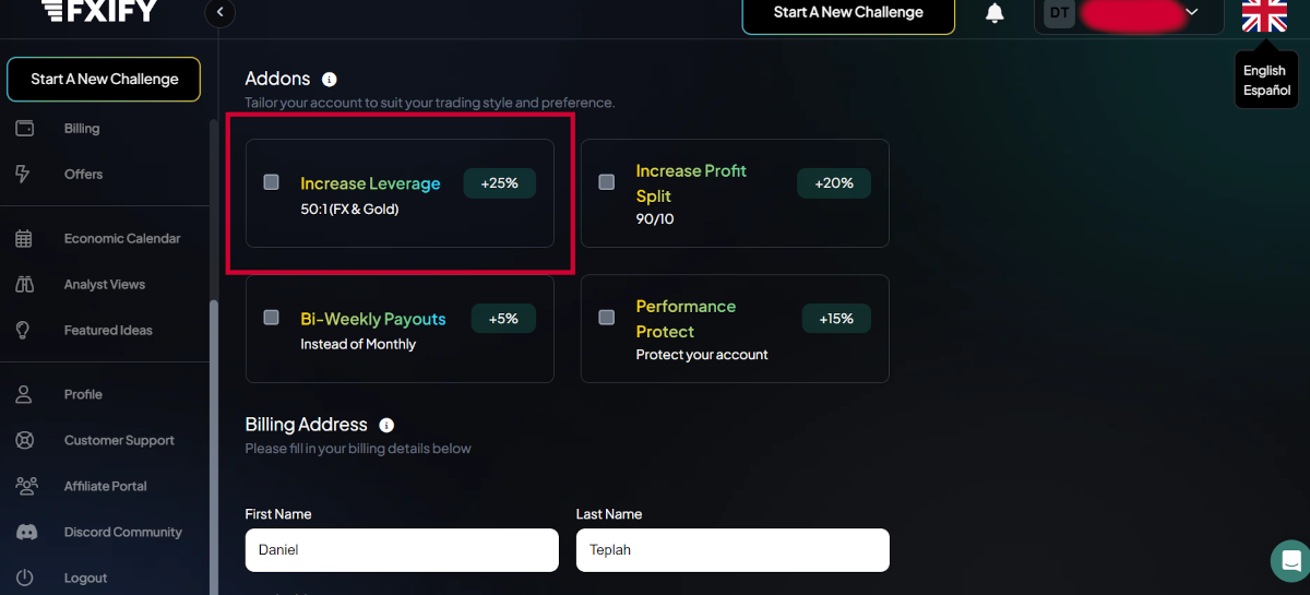 FXIFY Bestellmenü mit zubuchbarem Hebel-Add-on (optional)