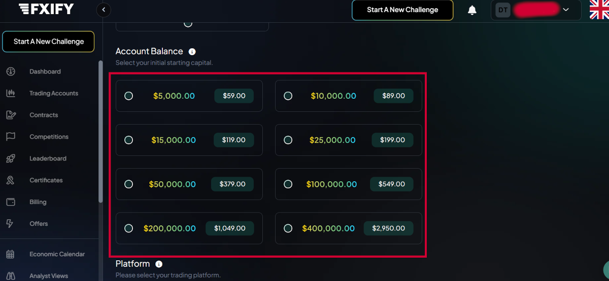 FXIFY Auswahl verfügbarer Kontogrößen im Bestellmenü