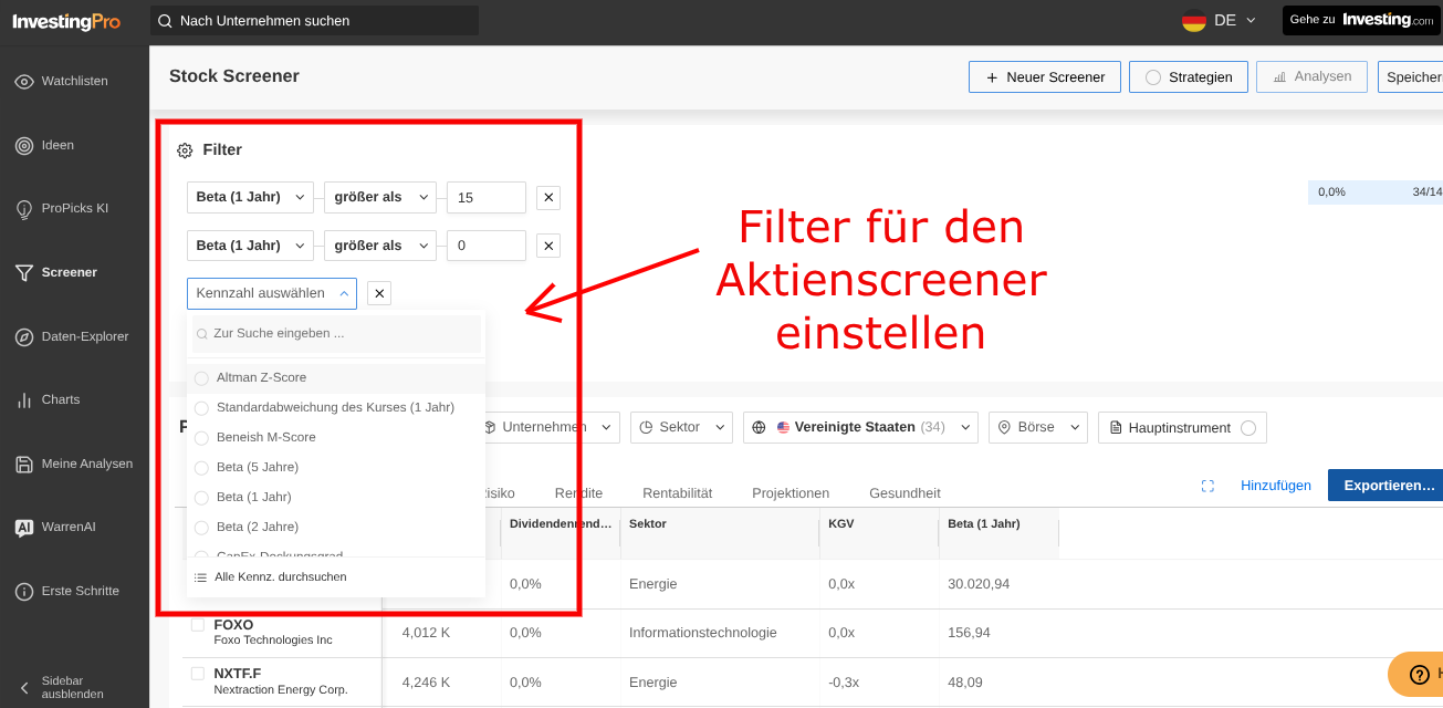 Aktienscreener Filter bei InvestingPro