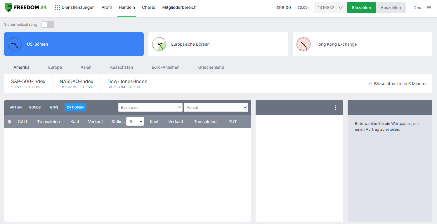 Optionshandel auf der Plattform Freedom24