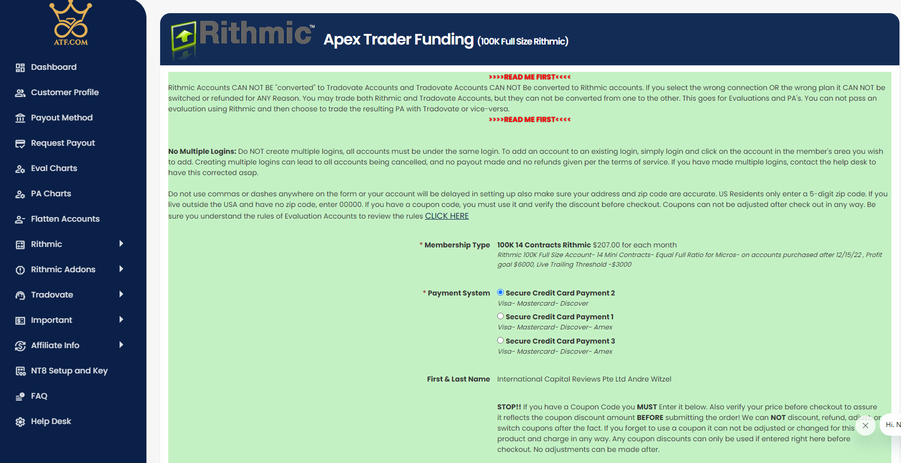 Funded Rithmic Account by Apex