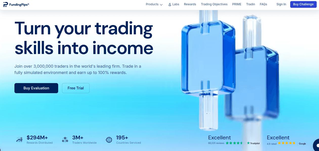 Screenshot der Hauptseite von Funding Pips, einer der besten Prop Trading Firmen im Test