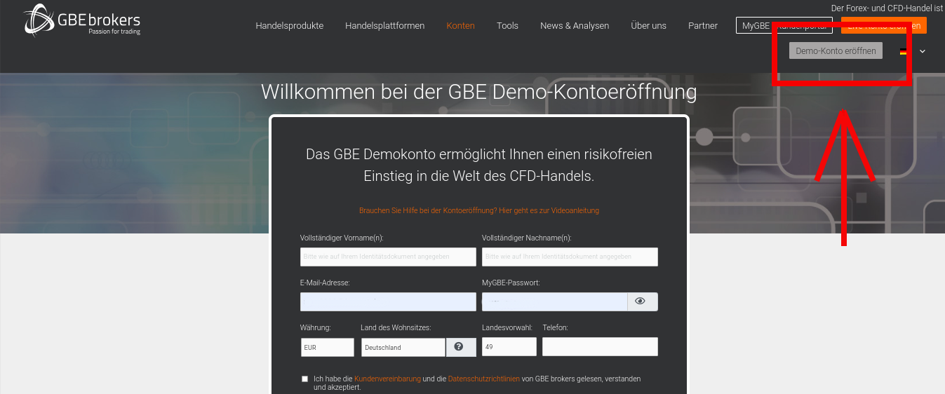 Anmeldemaske für ein Demokonto bei GBE Brokers