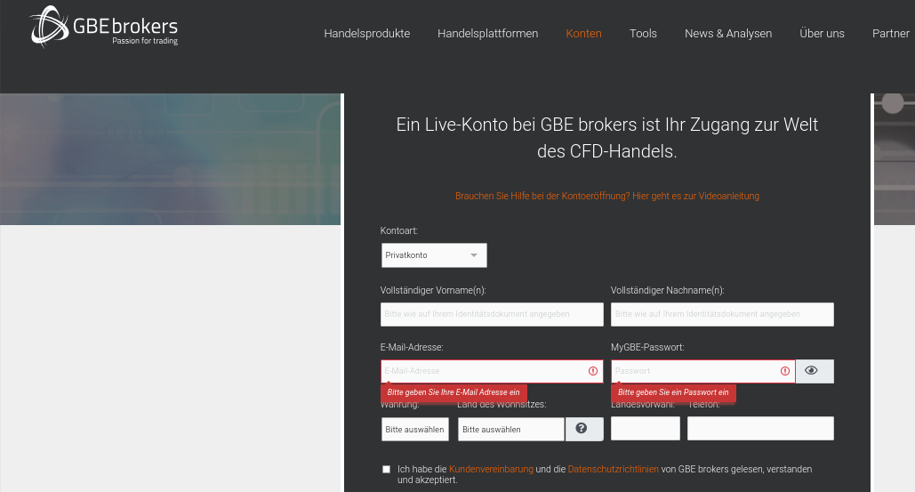 Maske zur Kontoeröffnung bei GBE Brokers