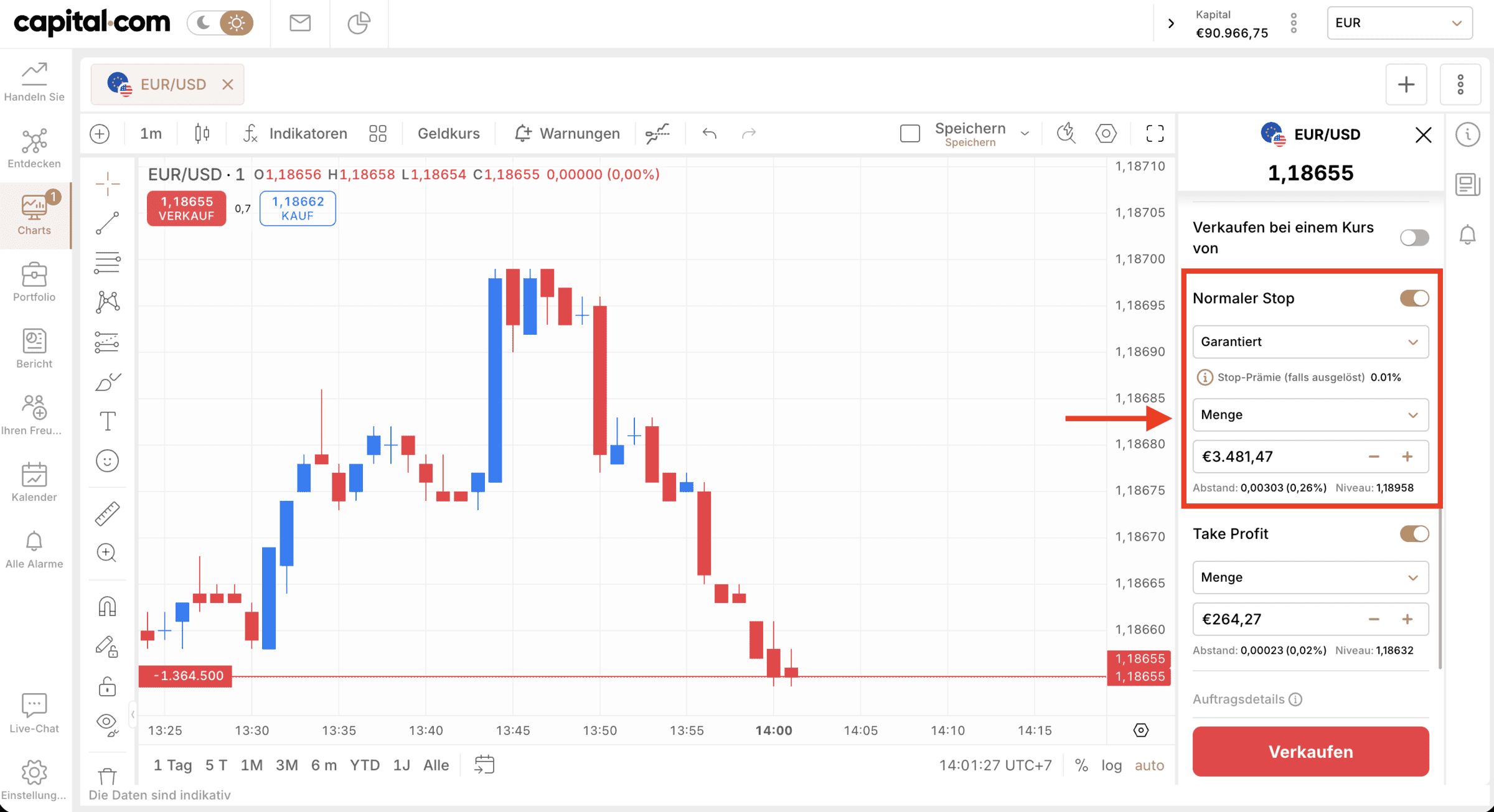 GSLO Niveau und Parameter festlegen bei Capital.com