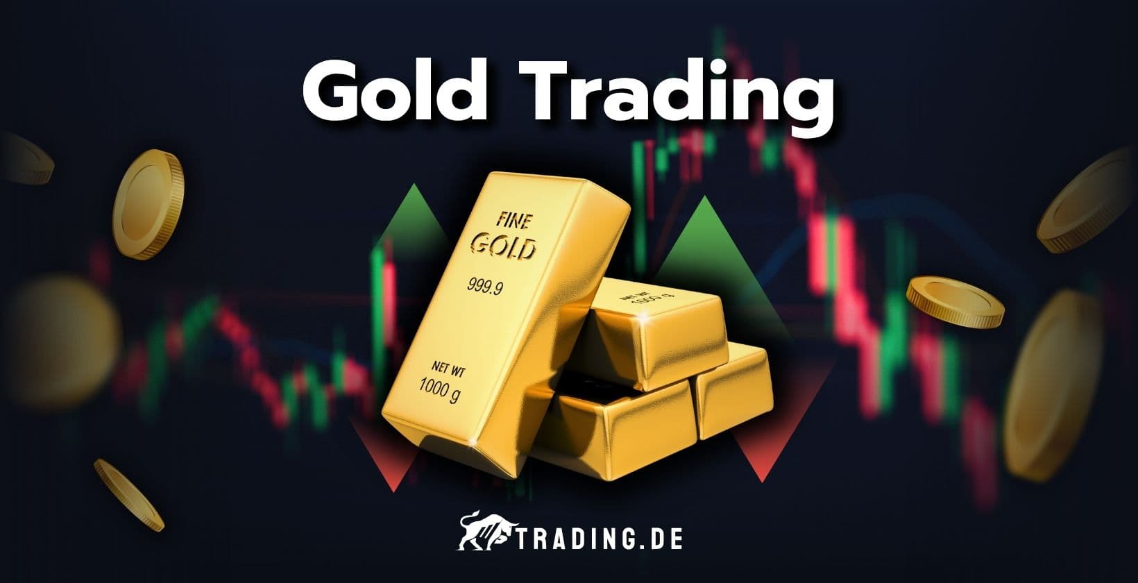 Gold Trading mit Goldbarren vor einem Candlestick Chart und Münzen