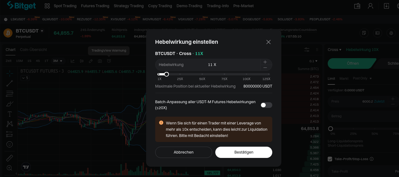 Hebel bei Futures Kontrakten auf Bitget wählen