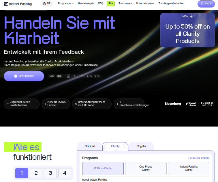 Webseite mit Clarity Produkten von InstantFunding.com