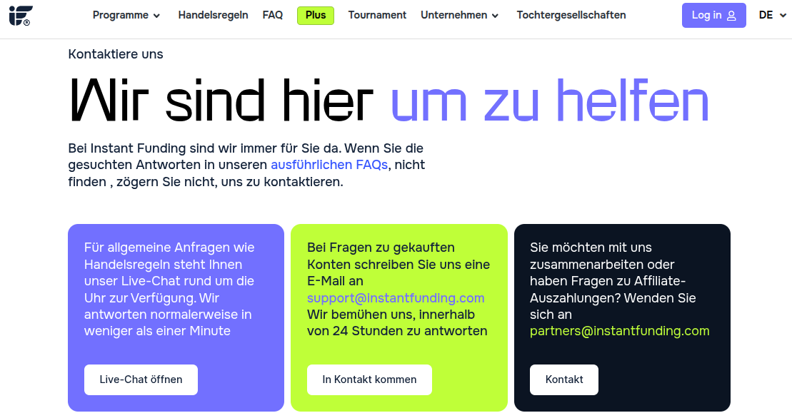 Kontakt und Kundendienst bei InstantFunding.com