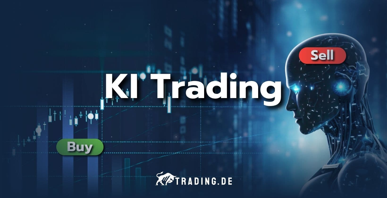 KI Trading mit Künstlicher Intelligenz, Candlestick-Chart sowie Buy- und Sell-Buttons