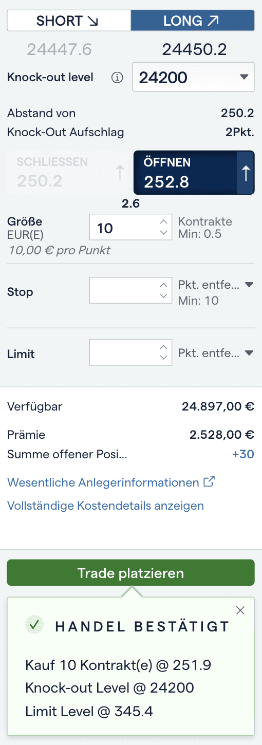 Long Knock-out Zertifikat Kauf Handelsbestätigung und Preisübersicht.