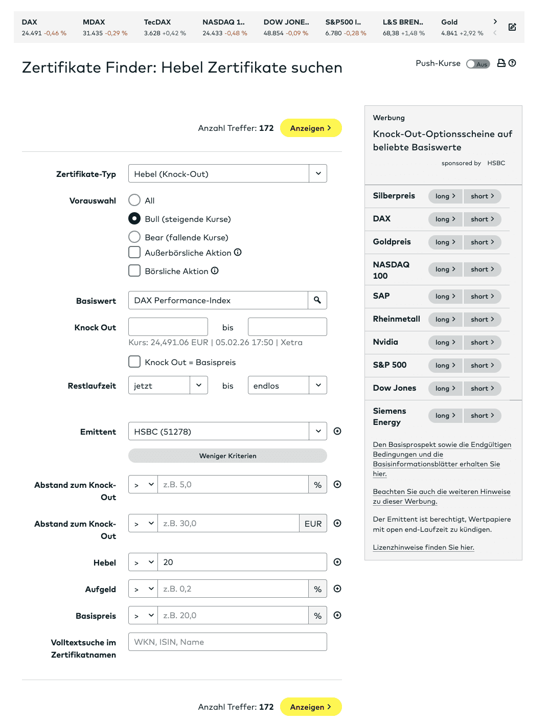Knock-Out Zertifikate suchen und finden bei Comdirect